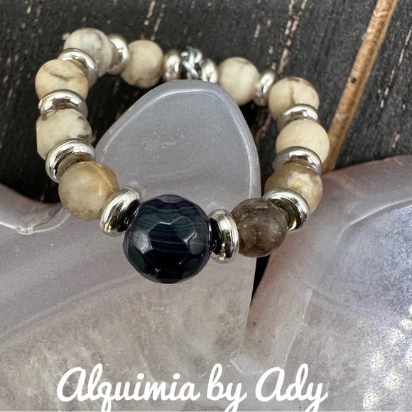 Alquimia Gold and Tan leopard jasper beaded Ring with tourmaline Charm - Picture 1 of 2